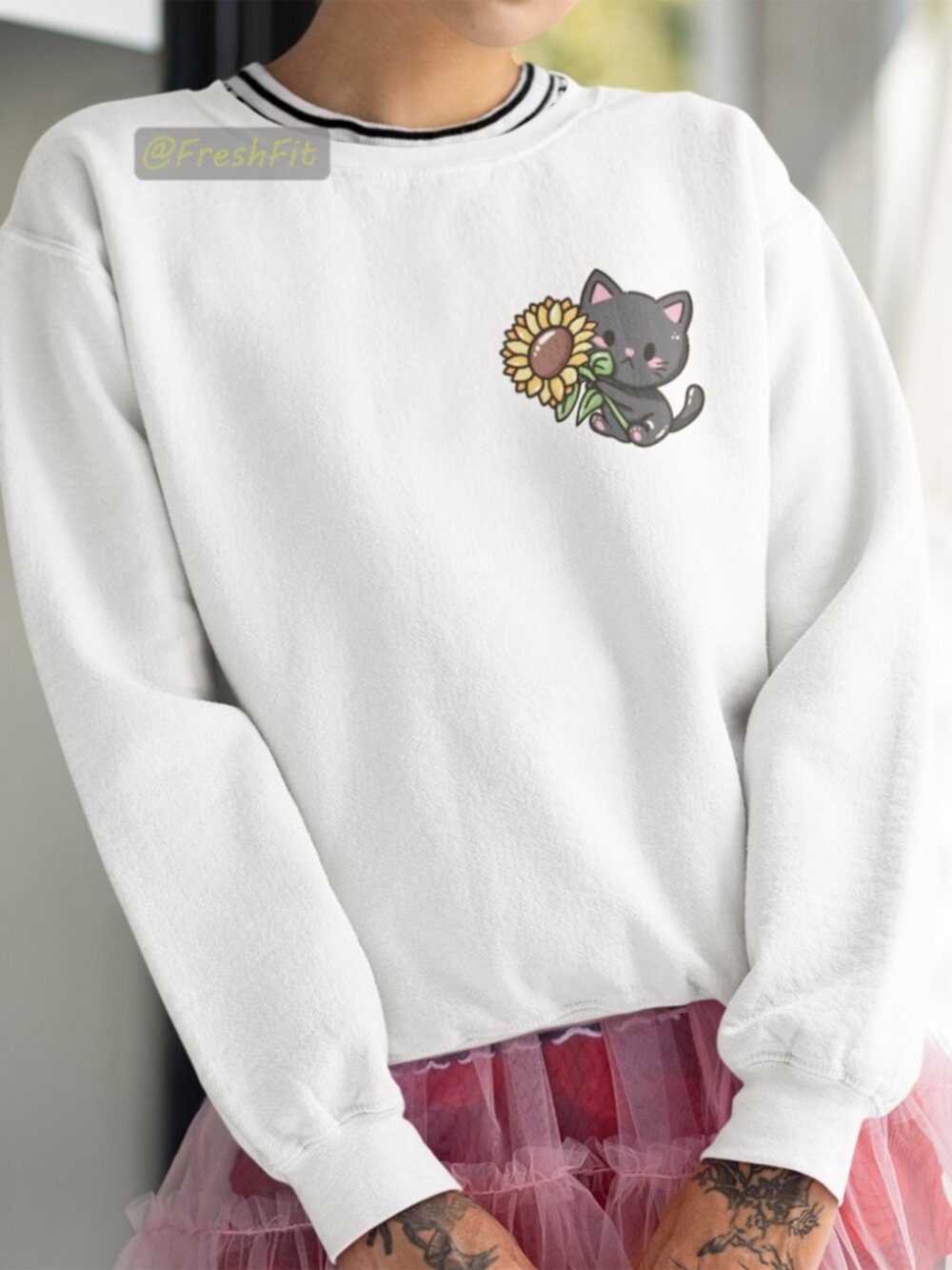 🆕Kawaii Black Cat w/Sunflower Corner Fleece Crew Sweatshirt White